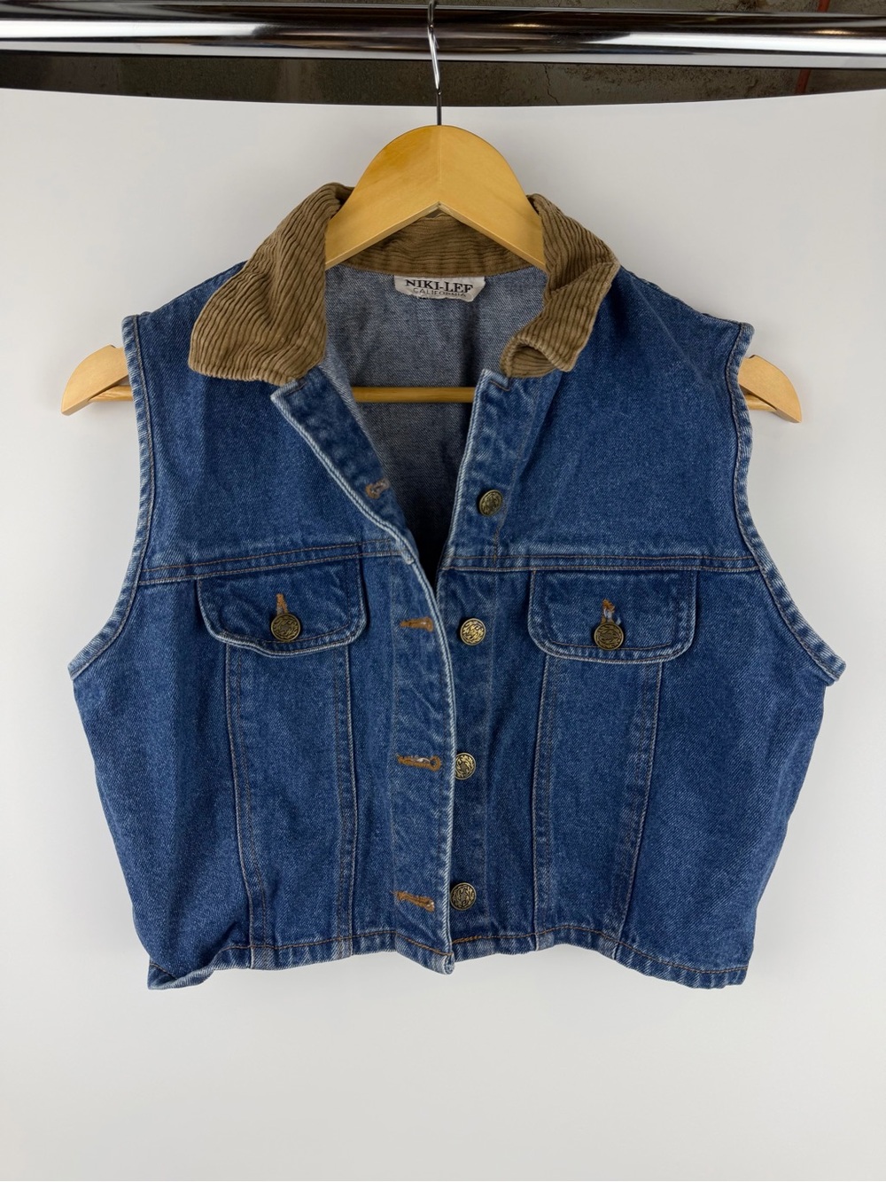 Vintage Niki Lee California Cropped Denim Sleeveless Vest Corduroy Collar XS